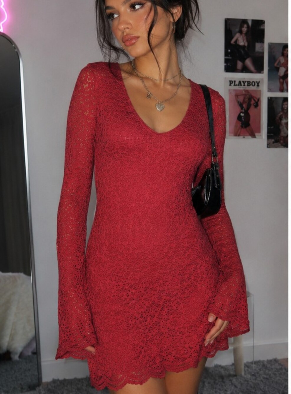 Hollister NWT Burgundy Floral Lace Long Sleeve Skater Dress - M - Keyhole Back